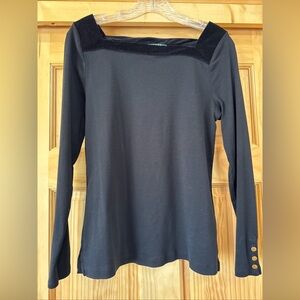 Lauren Ralph Lauren Black Long Sleeve Velvet Trim Square Neck Top Sz Large